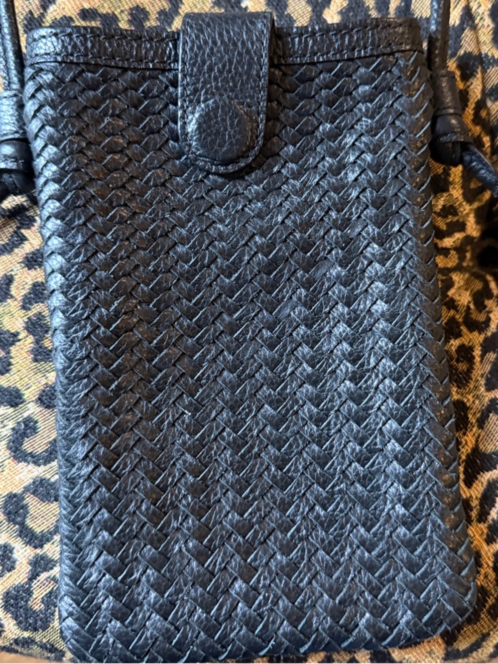 Black Woven Crossbody Phone Pouch - Leather Phone Bag